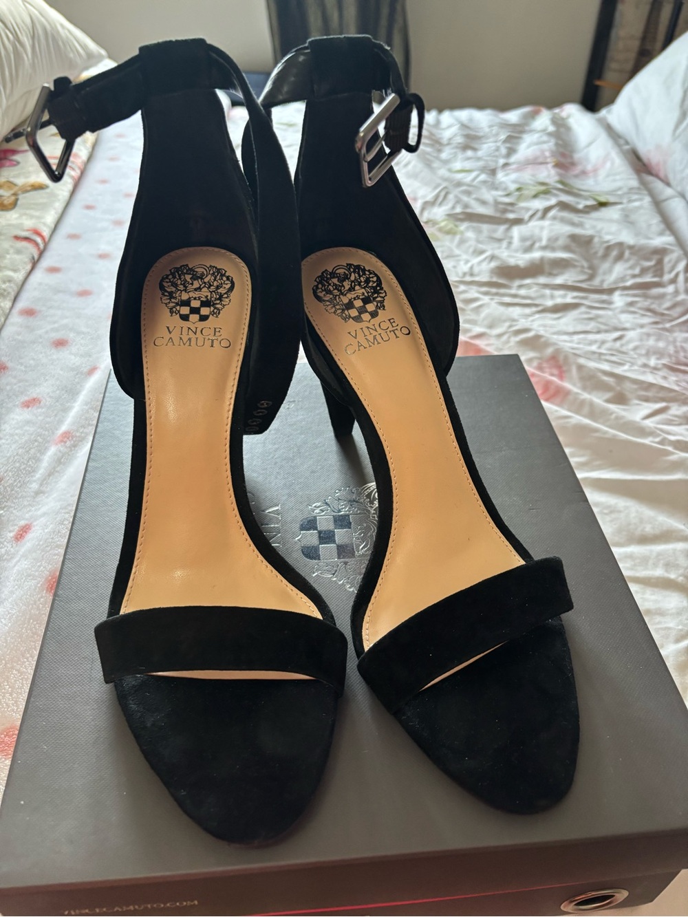 Vince Camuto Black Suede Open-Toe Ankle Strap Heels